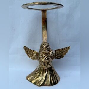 Vintage Solid Brass Angel Candle Holder Playing Harp Gold Tone Heavy MCM